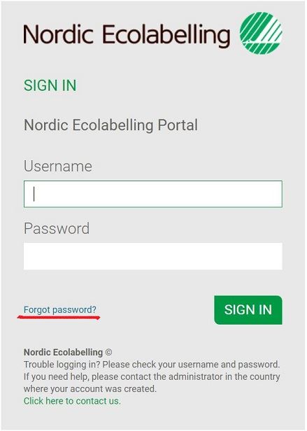 Bild på Nordic Ecolabelling inloggning med Forgot My Password nedanför