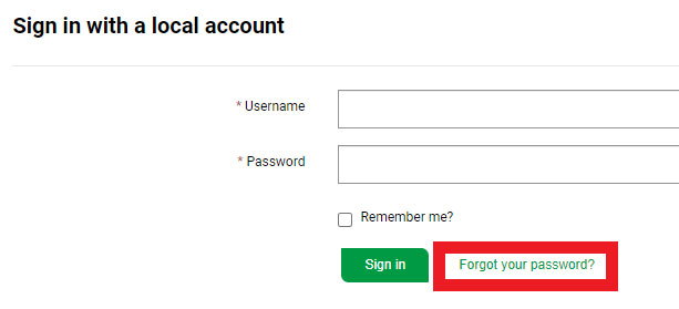 Skärmklipp av portalens inloggningssida med länken Forgot your password?